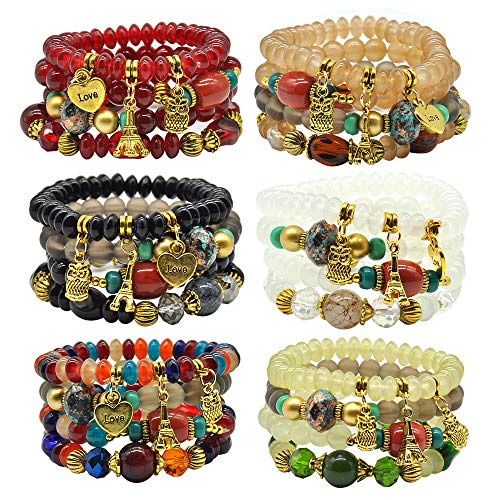 6 Sets Stackable Stretch Bracelets Multi-color Bohemian Bracelet Sets for Women