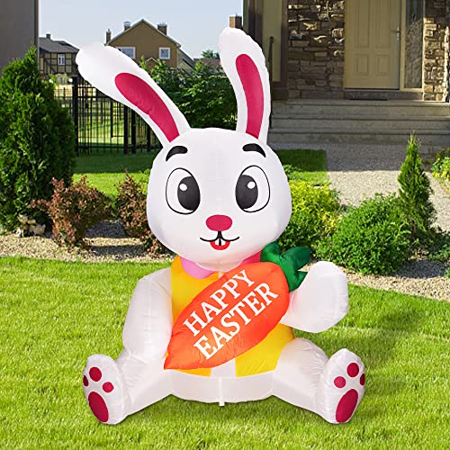 5 FT Cute Bunny Holding Carrots Easter Inflatable Decorations w/ Built-in LED