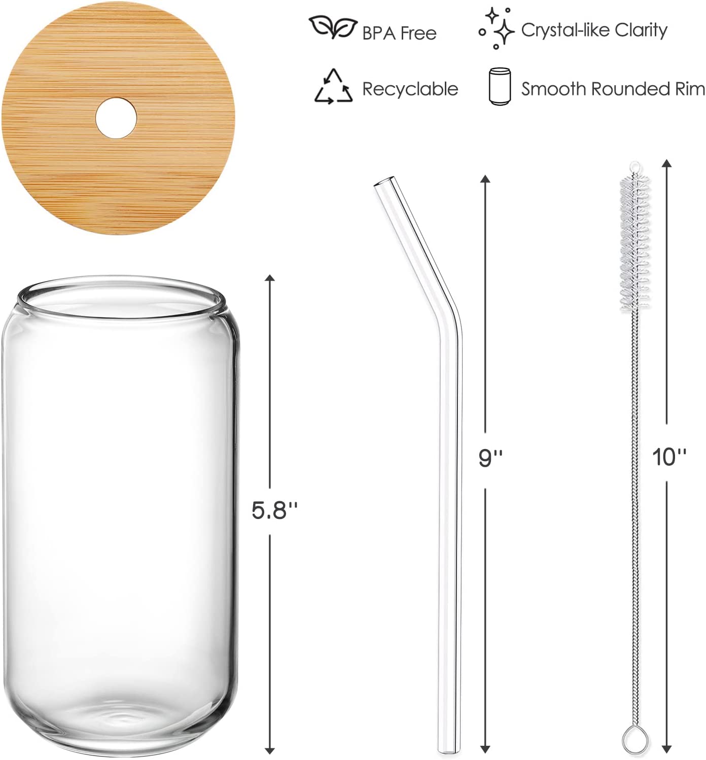 Drinking Glasses w/ Bamboo Lids & Glass Straw 4pcs Set - 16oz Can Shaped Glass Cups - 2 Cleaning Brushes