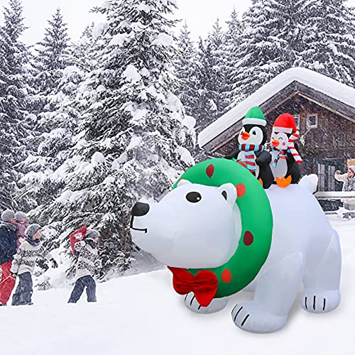 8FT Christmas Inflatable Polar Bear w/ Penguin & LEDs