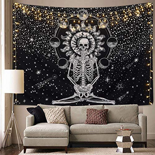 Skull Tapestry Meditation Skeleton , Chakra, Starry Black and White Stars