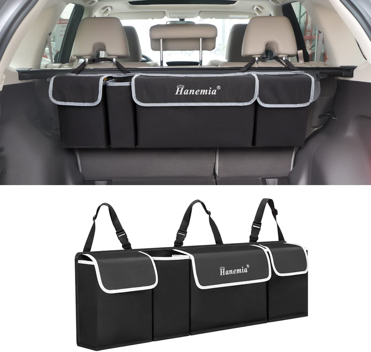 Backseat Hanging Organizer for SUV, Truck, MPV, Waterproof, Collapsible Cargo Storage Bag with 4 Pockets, Car Interior Accessories (Black)