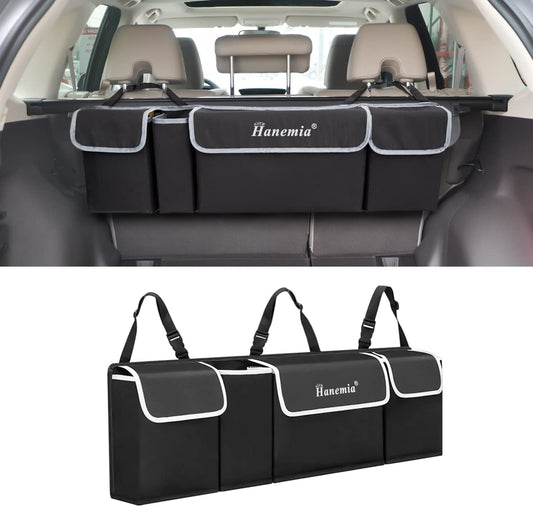Backseat Hanging Organizer for SUV, Truck, MPV, Waterproof, Collapsible Cargo Storage Bag with 4 Pockets, Car Interior Accessories (Black)