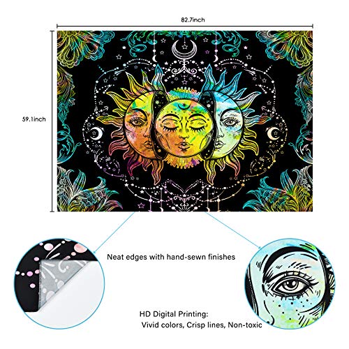 Psychedelic Sun and Moon Burning Sun Black Colorful Moon and Stars Tapestry ( 51.2 × 59.1 inches)