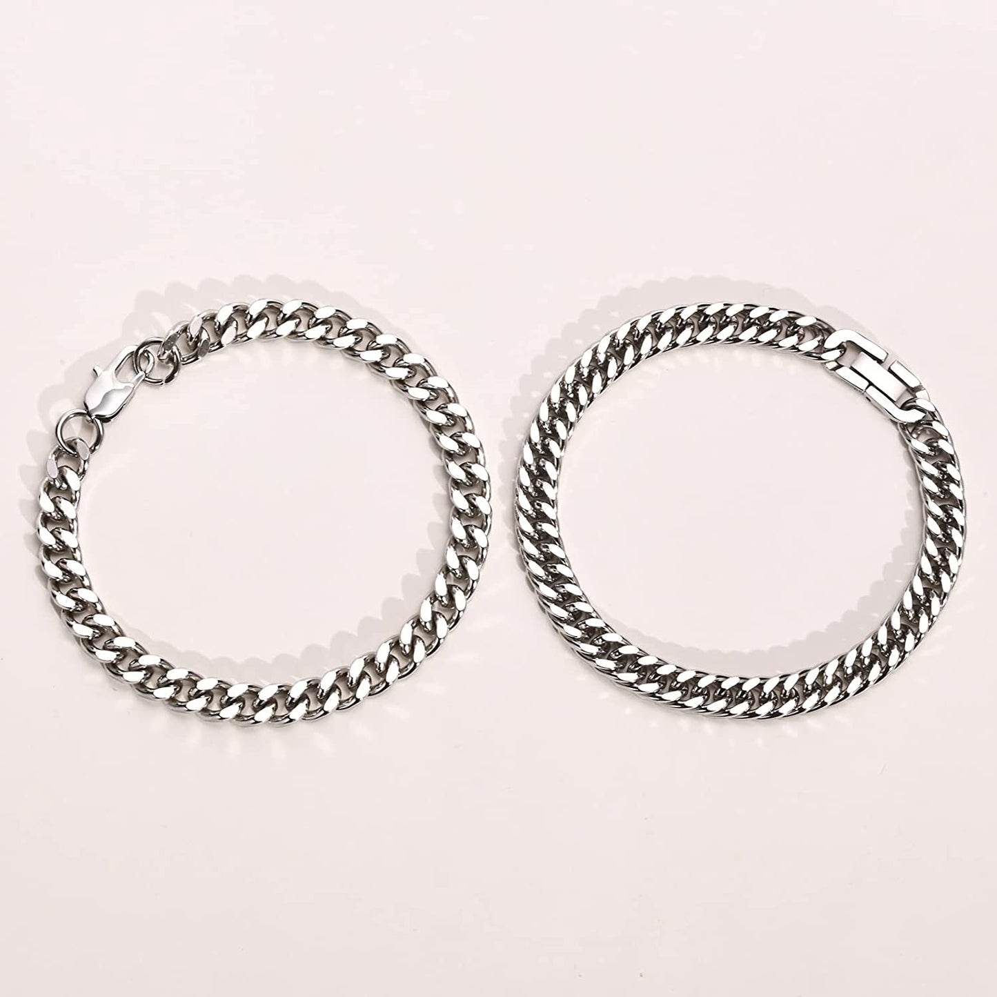 2Pcs Cuban Link Chain Bracelet- Sturdy Stainless Steel Curb Width for Men 7.4/8.2/9in, Silver