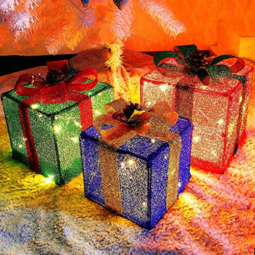 Twinkle Star Set of 3 Christmas Lighted Pop Up Gift Boxes Decorations, Tinsel Present Box, Pre-lit 60 LED Light