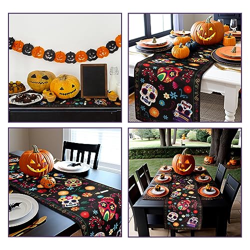 Halloween Table Runner Day of Dead Halloween Decor Indoor Skeleton Flowers Candles Halloween