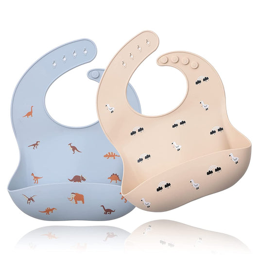 Baby Silicone Bibs 2 Sets w/ Food Catcher for Girls Boys Toddlers BPA Free-Dusty blue/Shifting sand