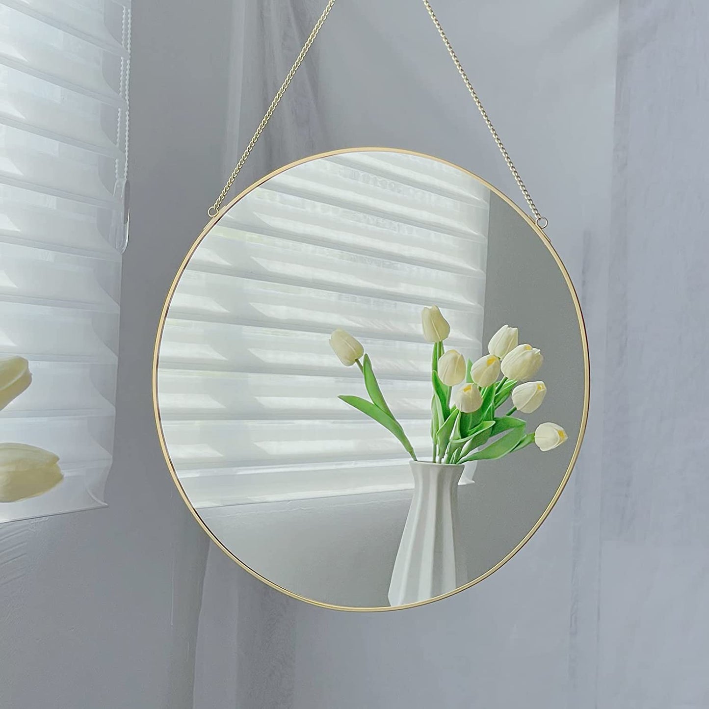 15.7" Hanging Wall Circle Mirror Decor Gold Geometric Mirror w/ Chain