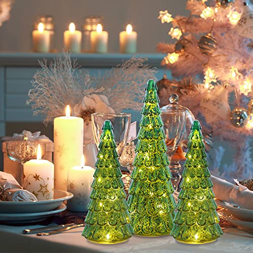 3 pcs Sparkling Glass Christmas Tree w/ LED Lights & Timer