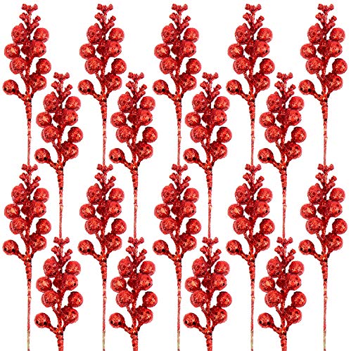 Glitter Berry Stems-20 Pcs 7.8 Inch Artificial Christmas Tree Picks Decoration