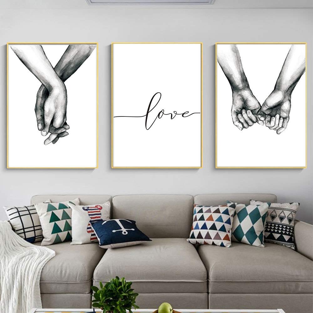 Love and Hand in Hand Wall Art Canvas Print Poster,Simple Fashion Black and White Sketch Art Line Drawing Decor for Home Living Room Bedroom Office(Set of 3 Unframed, 16x20 inches)