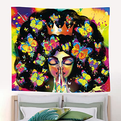 UV Reactive Butterfly Beautiful Afro Black Woman Tapestry 59"X51"