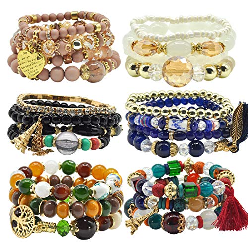 6 Sets Stackable Stretch Bracelets Multi-color Bohemian Bracelet Sets for Women