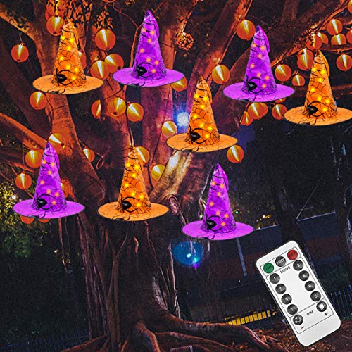 8 Pcs Hanging Witch Hats, 14ft 56 LEDs  Remote Control String Lights, Battery Powered with 8 Lighting Modes for Garden, Yard, Tree