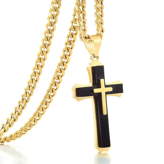 Cross Pendant Necklace Stainless Steel Double Cross Necklace with 24 inches Cuban Link Chain