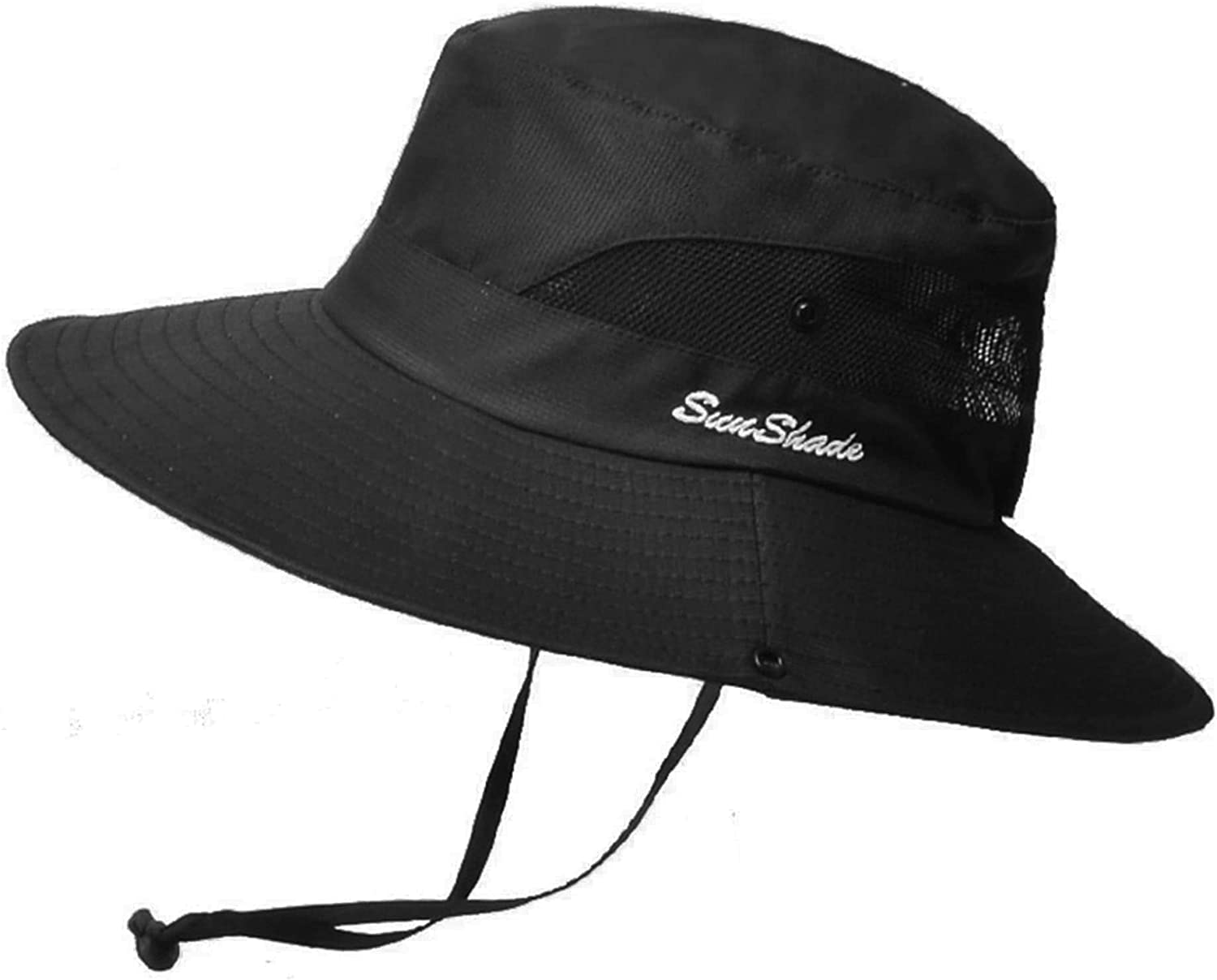 Womens Summer Sun-Hat Outdoor UV Protection Fishing Hat Wide Brim Foldable-Beach-Bucket-Hat w/ Ponytail Hole