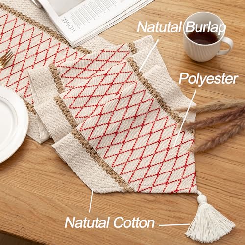 Table Runner, Boho Style with Tassels, Cotton & Linen, Farmhouse Home Decor for Living Room Dresser Scarfs