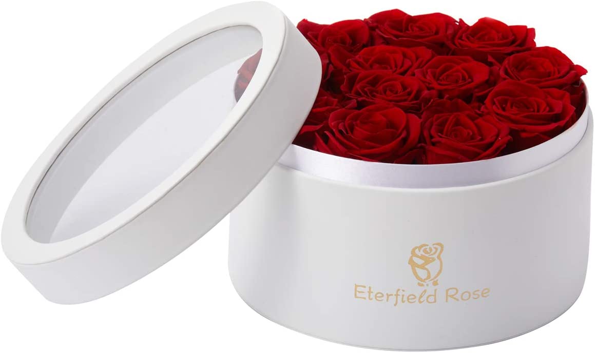 Eternal Rose in a Box Real Rose without Fragrance Gift for Her (12 Red Roses, Round White PU Leather Box)