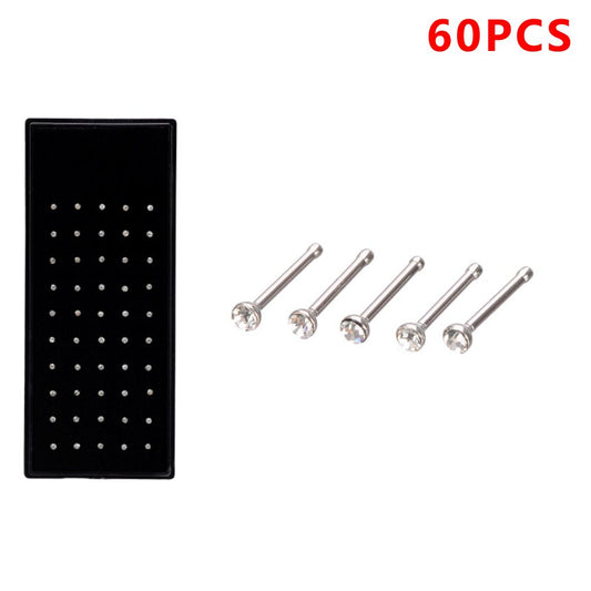 60pcs Stainless Steel Adults Nose Rhinestone Piercing Studs Rings Pins