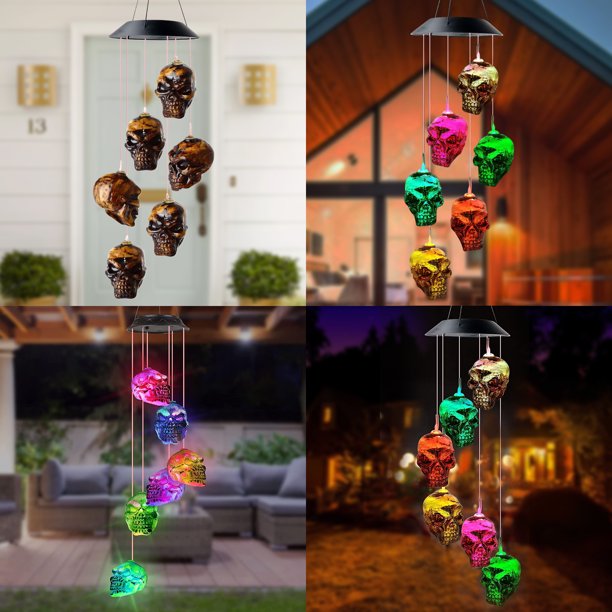 LED Solar Powered Home Skull Decoration Windchime Lights, Waterproof Outdoor