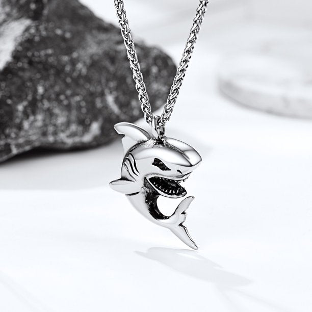 Silver Shark Pendant Chain for Men Stainless Steel Punk Cool Necklace