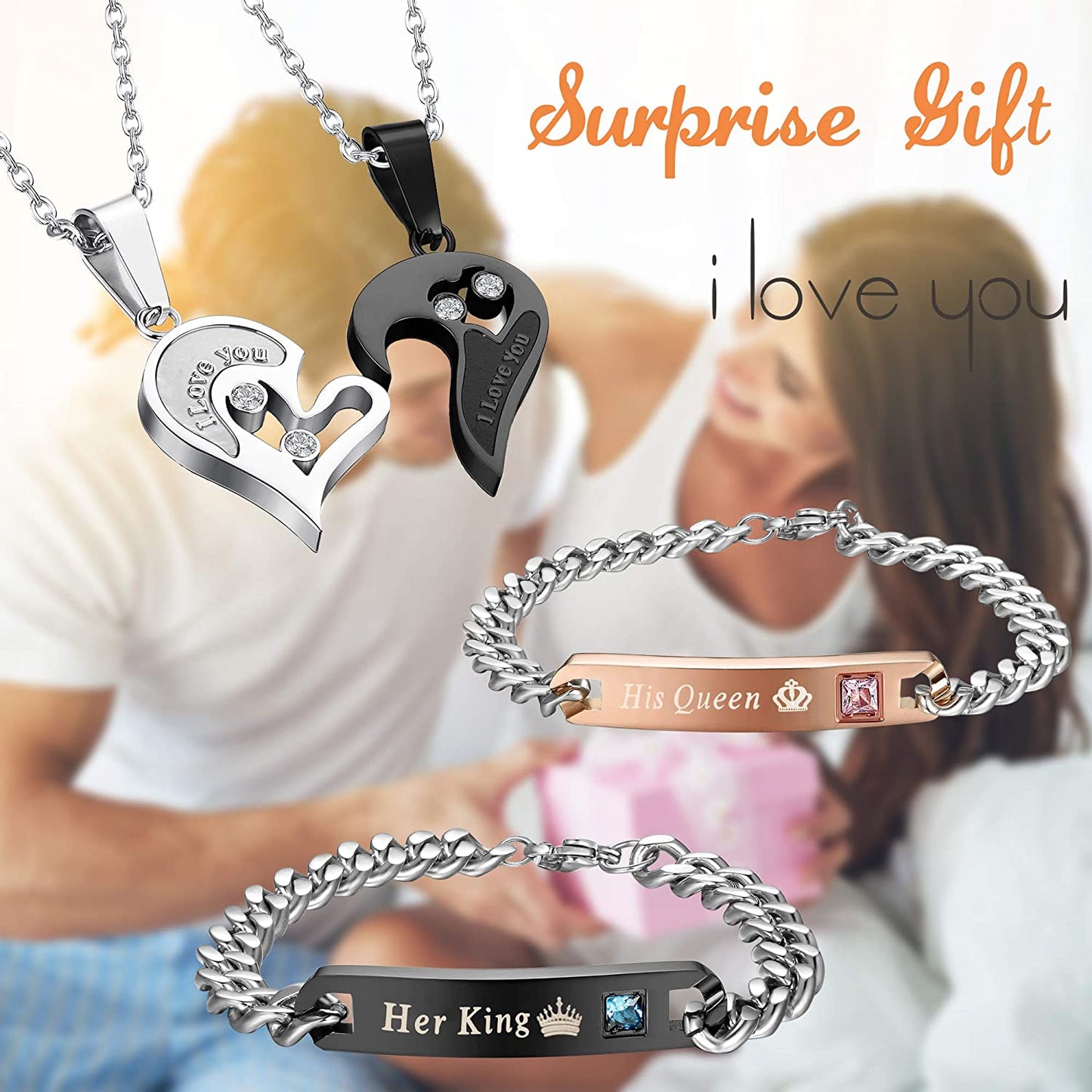 4Pcs Couple Love Heart Pendant Necklace Bracelets Matching Set