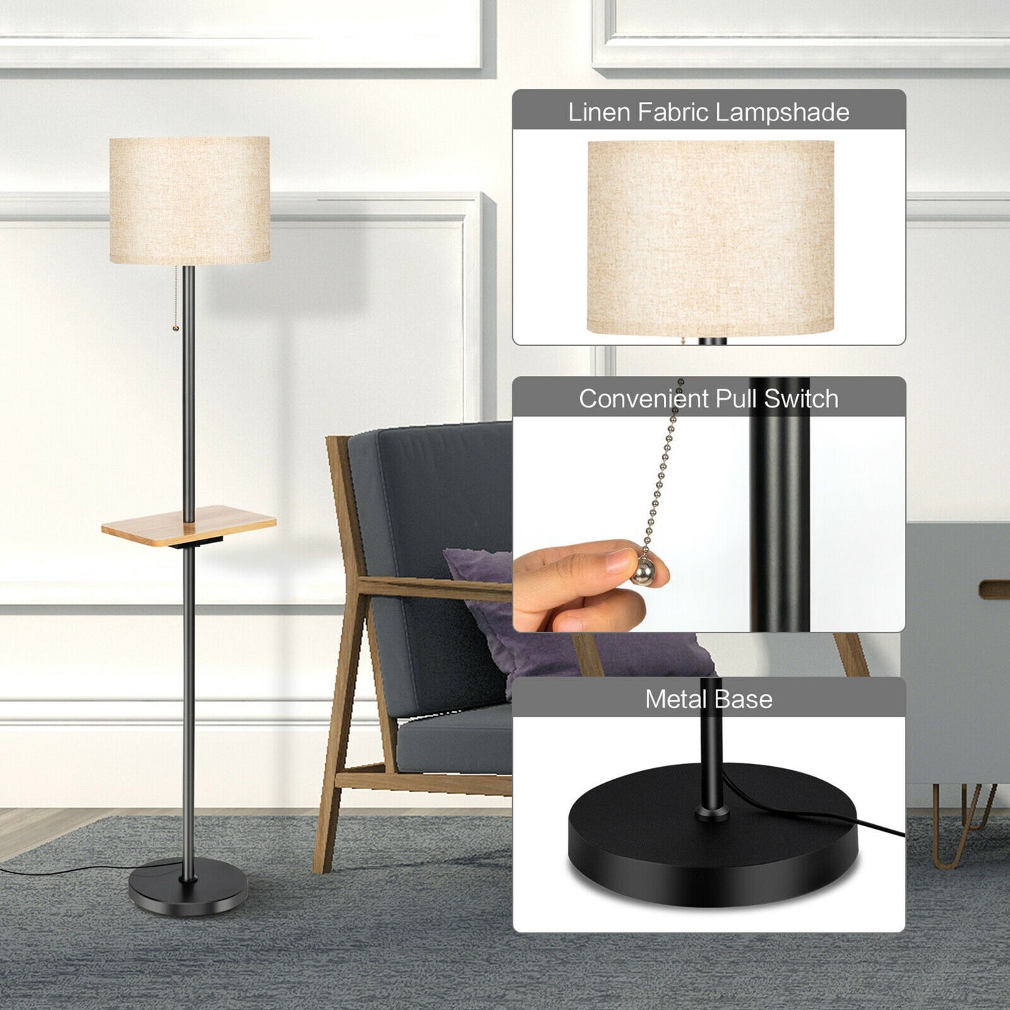 Modern Floor Lamp w/ Tray Table Dual USB Charging Port