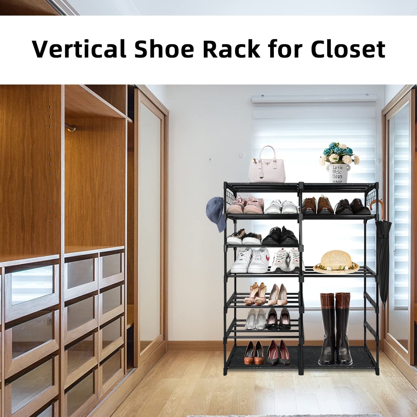 Large Metal Shoe Rack, 50-55 Pairs w/ Hooks-Black