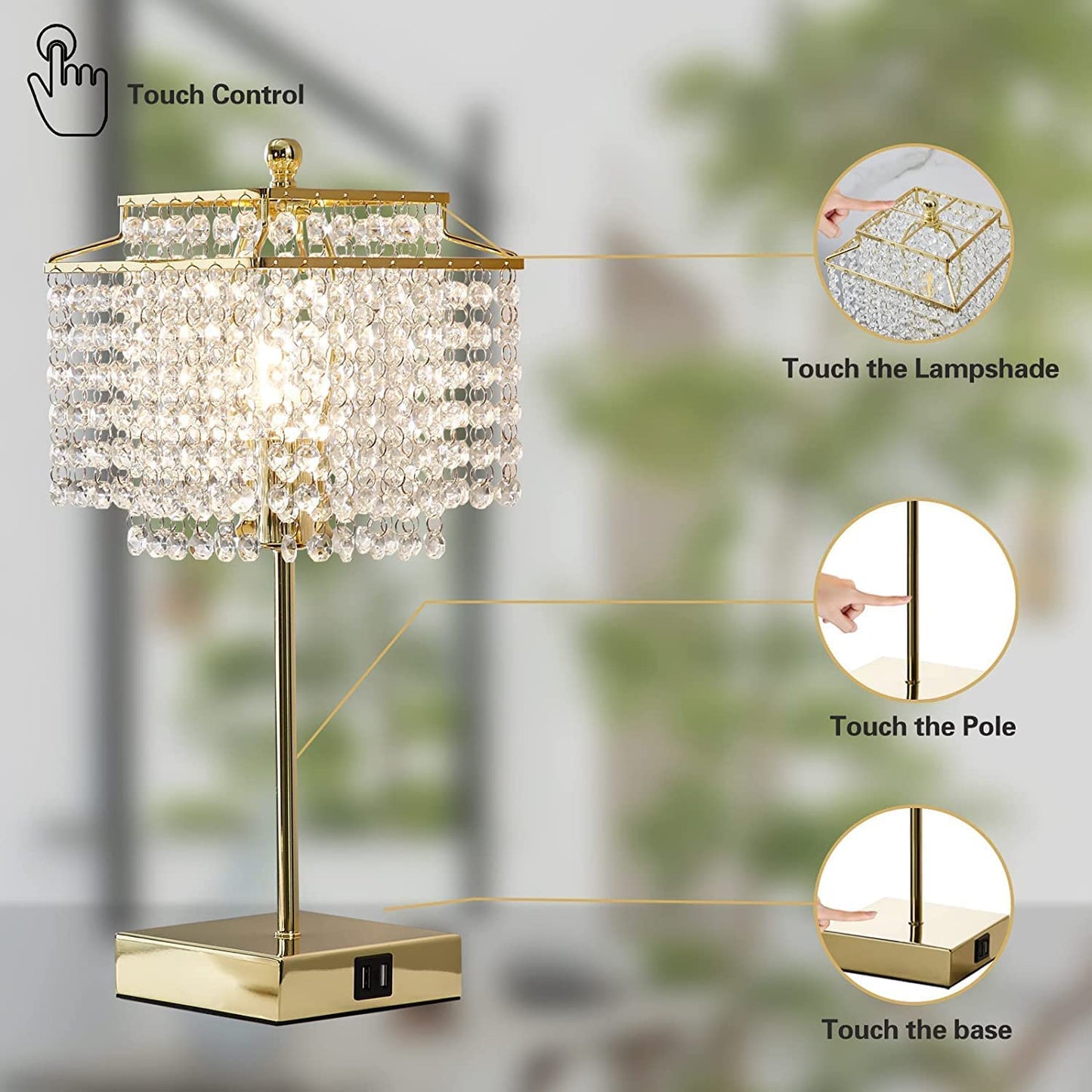 Touch Control USB Bedside Crystal Table Lamp Gold