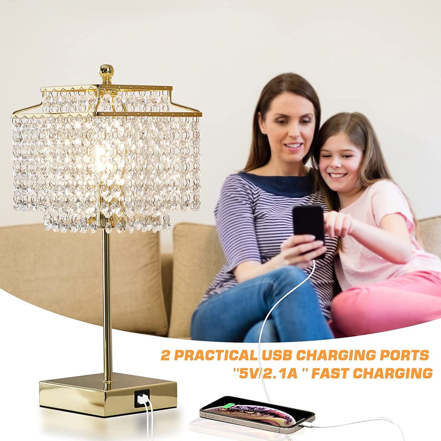 Touch Control USB Bedside Crystal Table Lamp Gold