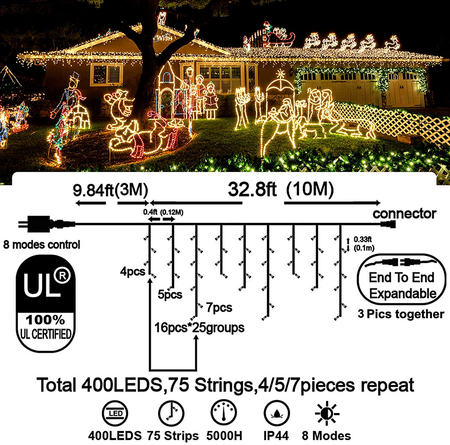 400 LED 32.8 FT 8 Modes 75 Drops Fairy String Curtain Lights for Christmas Decor