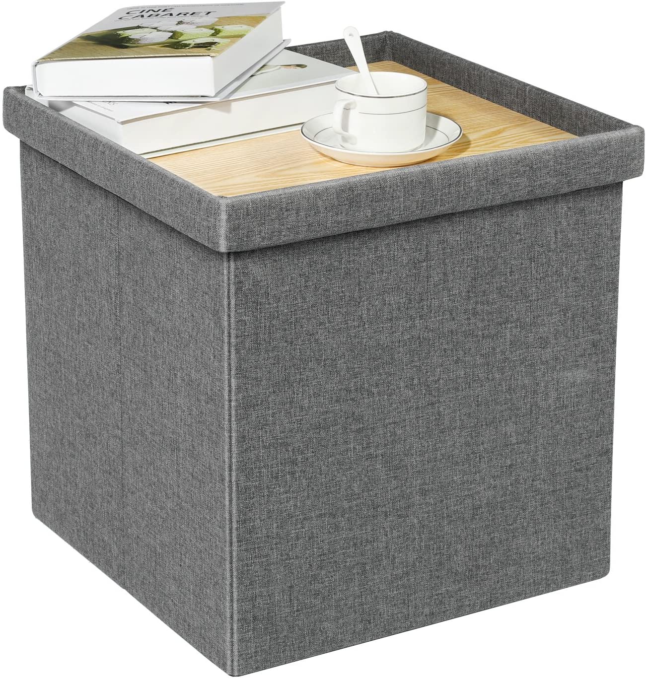 Folding Storage Ottoman Bench w/ Lid Tray, Grey