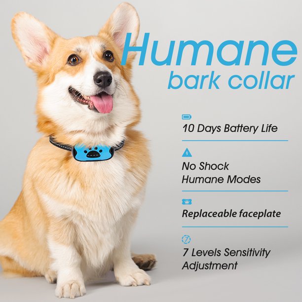 Dog Bark Collar Humane, Rechargeable Anti Barking Collar w/ 7 Adjustable Levels for Small Medium Large Dogs, Waterproof (Blue)