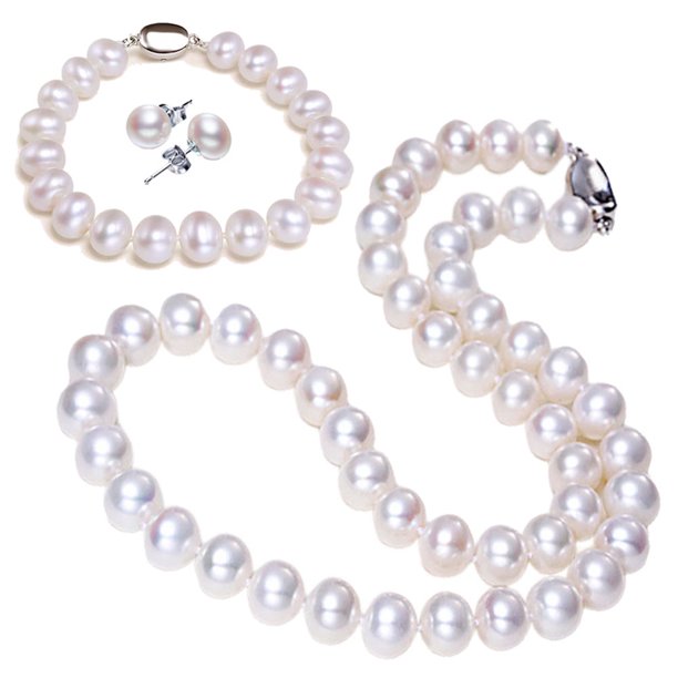 Freshwater Cultured Pearl Necklace Set Includes Stunning Bracelet and Stud Earrings Jewelry for Women Gift