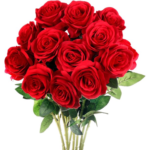 12 Pcs Red Artificial Rose Flowers, Realistic Blossom Fake Roses with Long Stems, Single Silk Roses Flower Bouquet Arrangement for Valentine's Day Wedding Bridal Shower Party Home Table