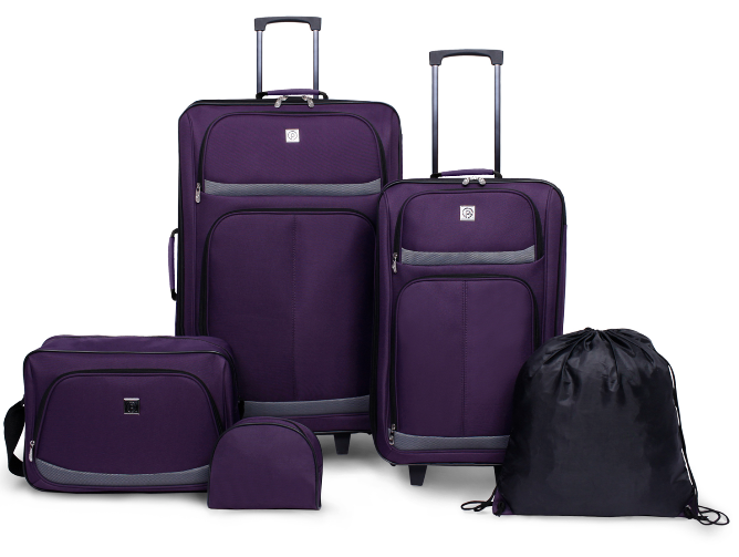 5 Piece Luggage Set, Includes Check and Carry-on Size, Purple