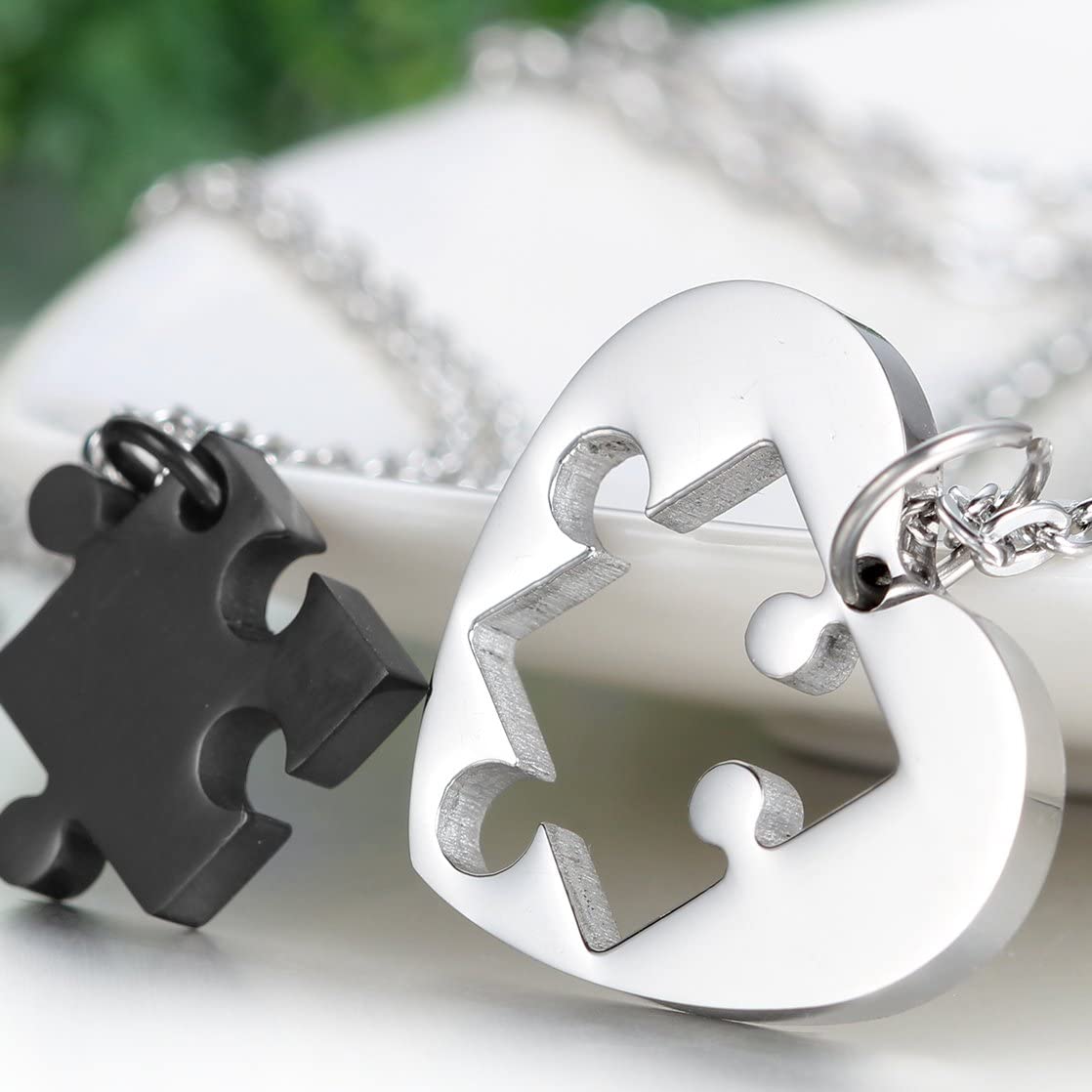 2 Stainless Steel Love Heart Puzzle Matching Pendant  Necklace for Couples- Black