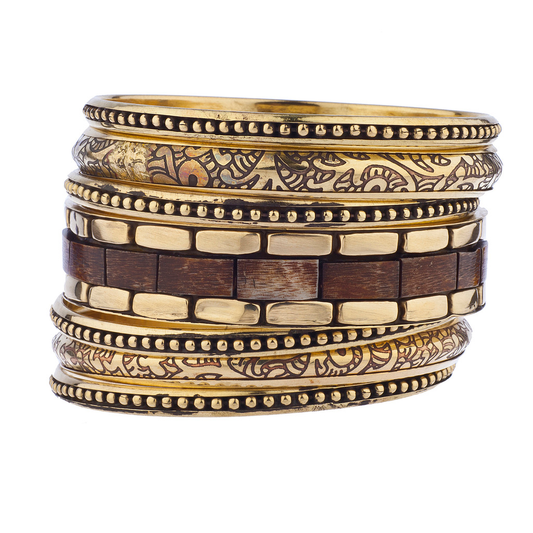 Gold Tone Wood Burnished Multi Bangle Bracelet Set for Women