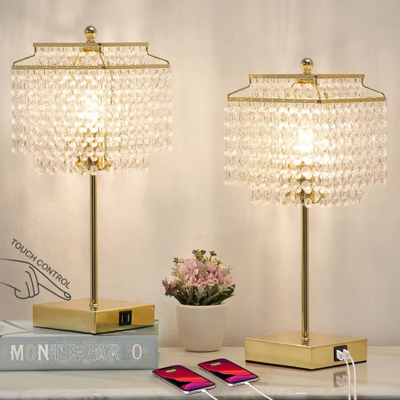 Set of 2 Touch Control SUB Bedside Crystal Table Lamp Gold