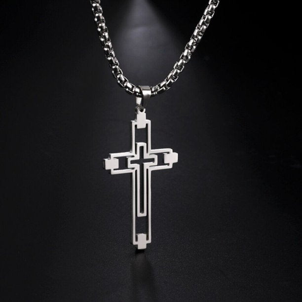 Silver Vintage Cross Pendant Necklaces for Men Women Stainless Steel Necklace Box Chain