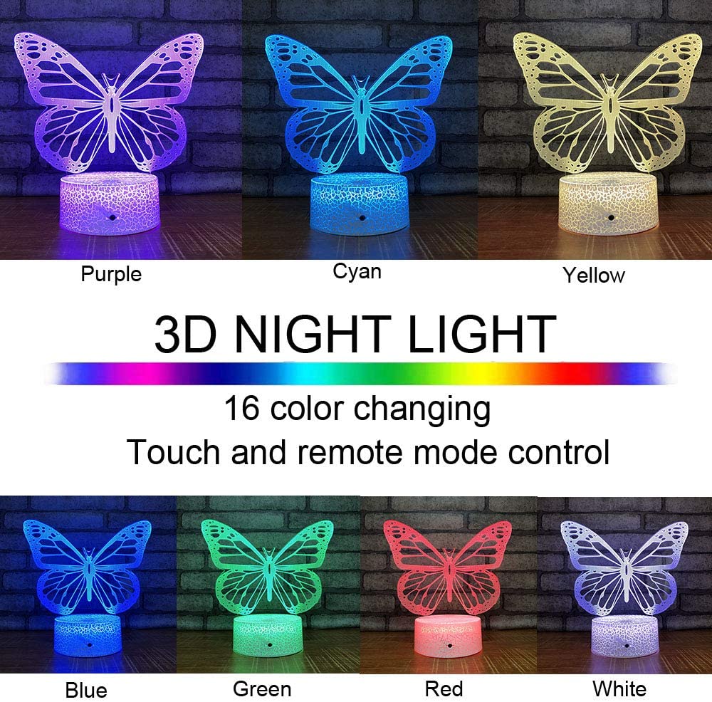 Butterfly Night Light, 3D Illusion Lamp Kids Bedside w/16 Colors Changing & Remote Control