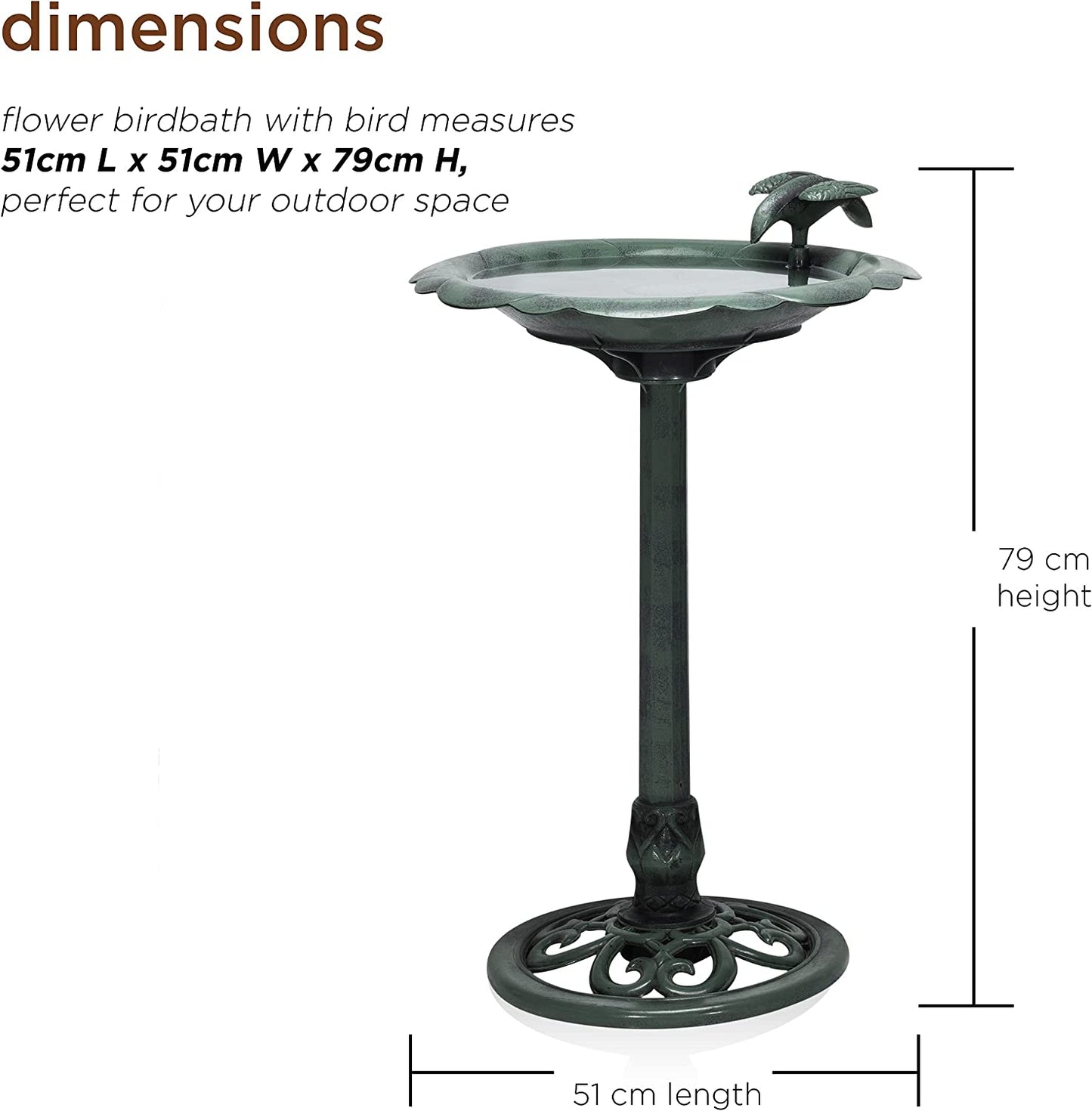 Birdbath Yard Statue, 20" L x 20" W x 33" H, Green & TEC114 Antique Flower Birdbath, 20" L x 20" W x 31" H, Green