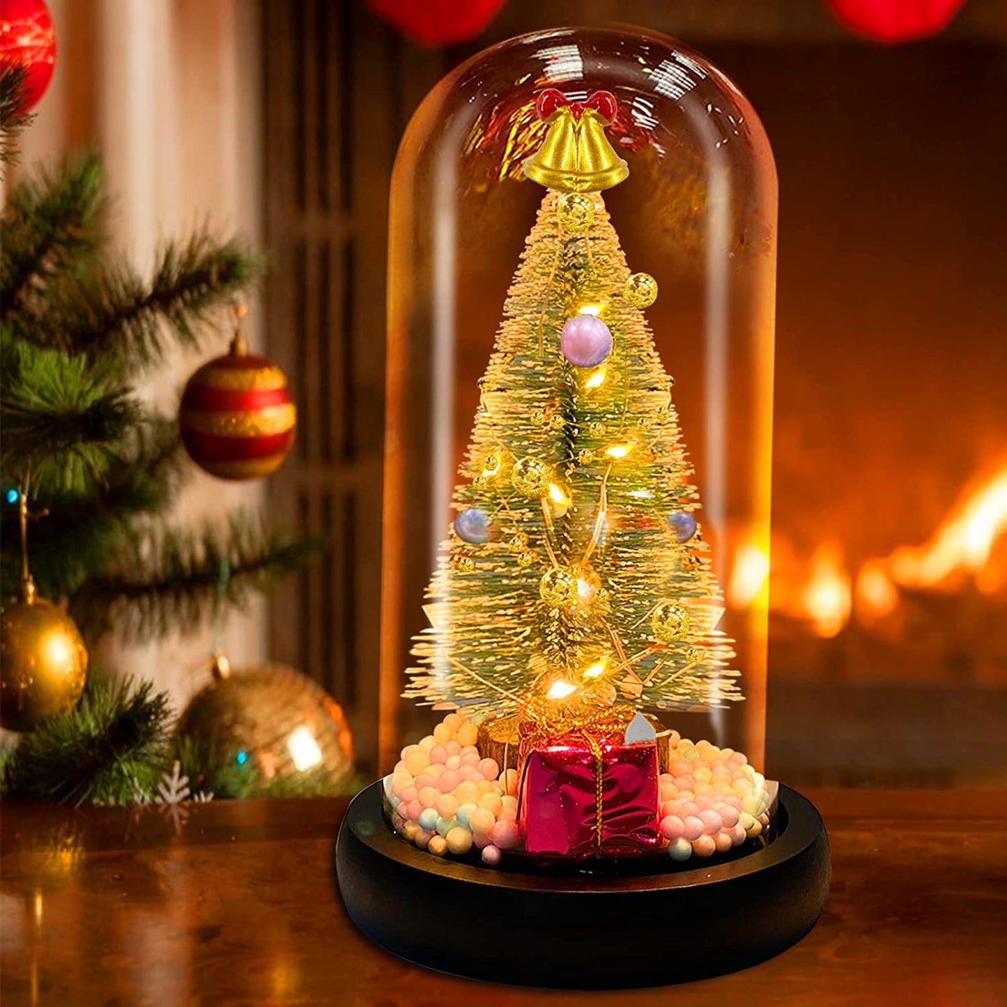 Pre-lit Christmas Tree in Glass Dome Christmas Decoration, Battery Operated