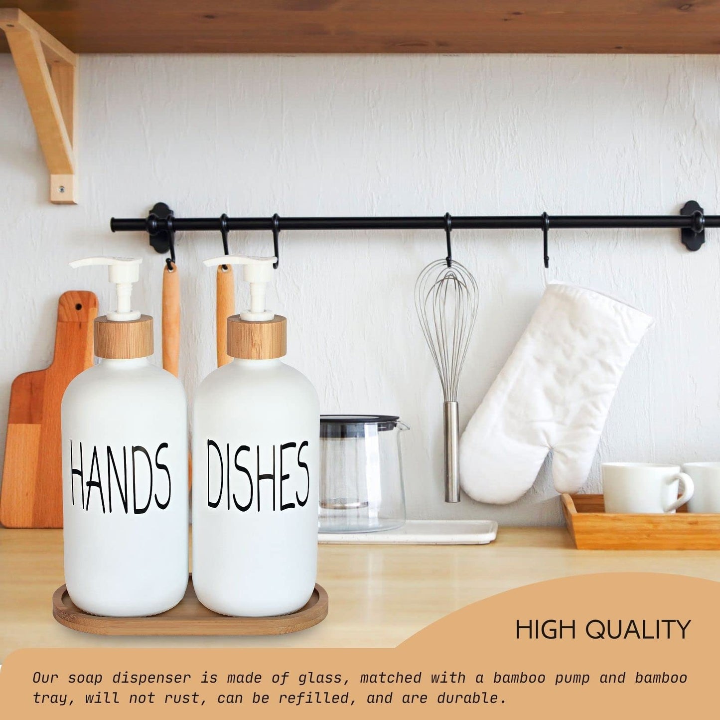 Glass Soap Dispenser Set. Hand Soap and Dish Soap Dispenser with Bamboo Tray. Vintage Soap Dispenser