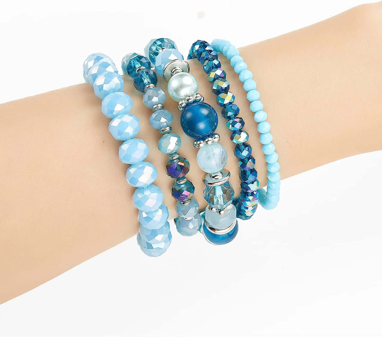 Blue Beaded Boho Stretch Bracelet Colorful Stackable Crystal Beads Bracelets