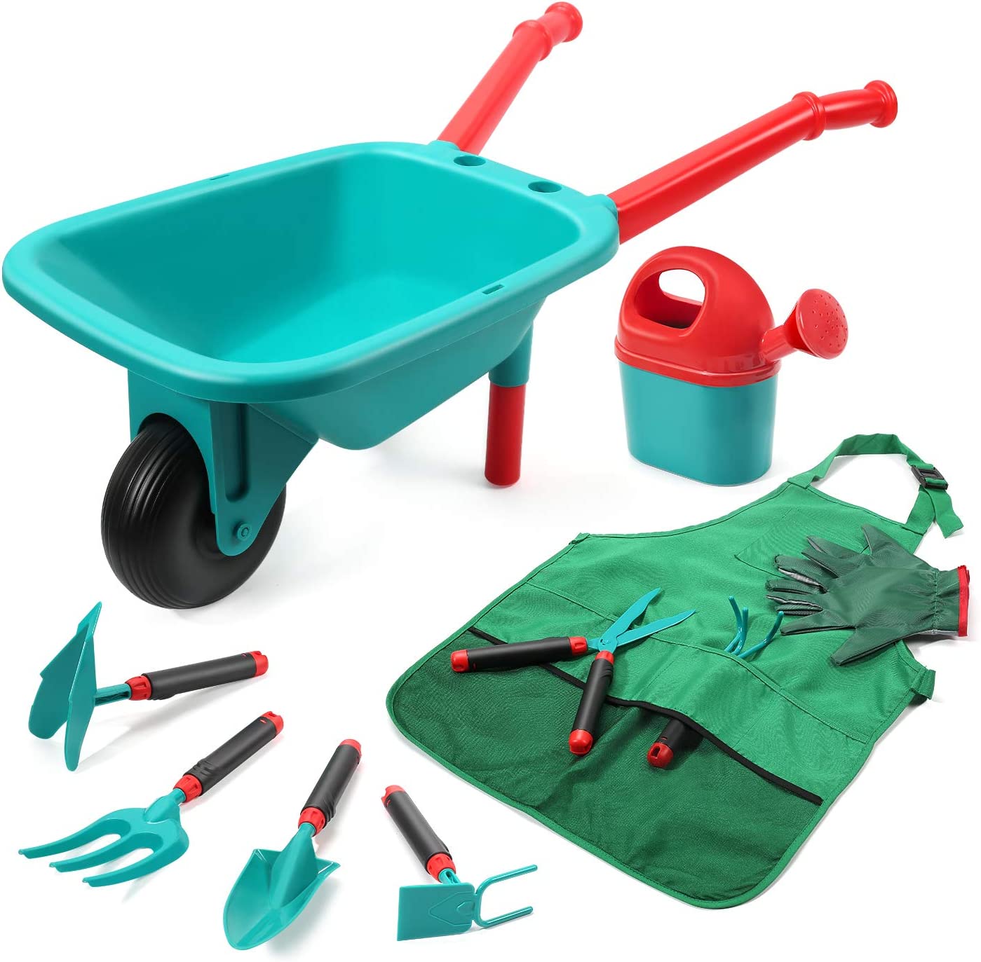 11pcs Kids Gardening Tool Set w/ Wheelbarrow, Watering Can, Gardening Gloves, Hand Rake, Shovel, Trowel, Double Hoe, Apron w/ Pockets