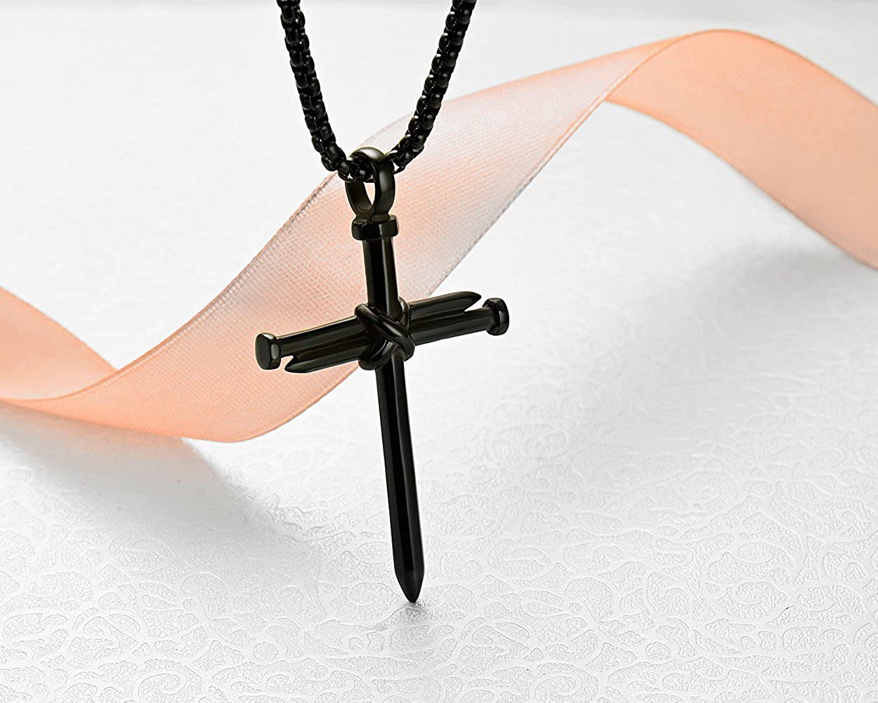 Men's Stainless Steel Nail Cross Pendant Necklace w/ 24 Inch Chain Polished Black