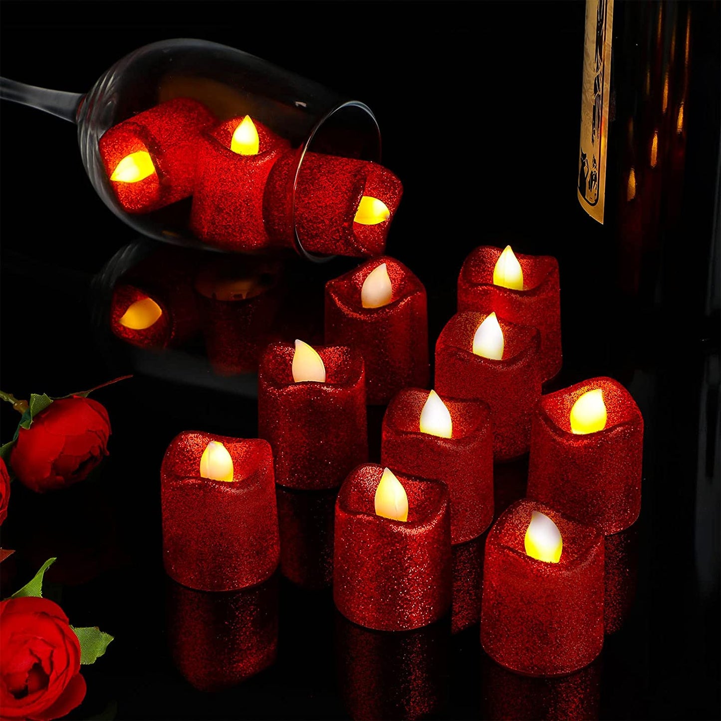 24 Pieces Flameless Votive Candles Valentine's Day Glitter LED Tea Light Battery Operated (Red)