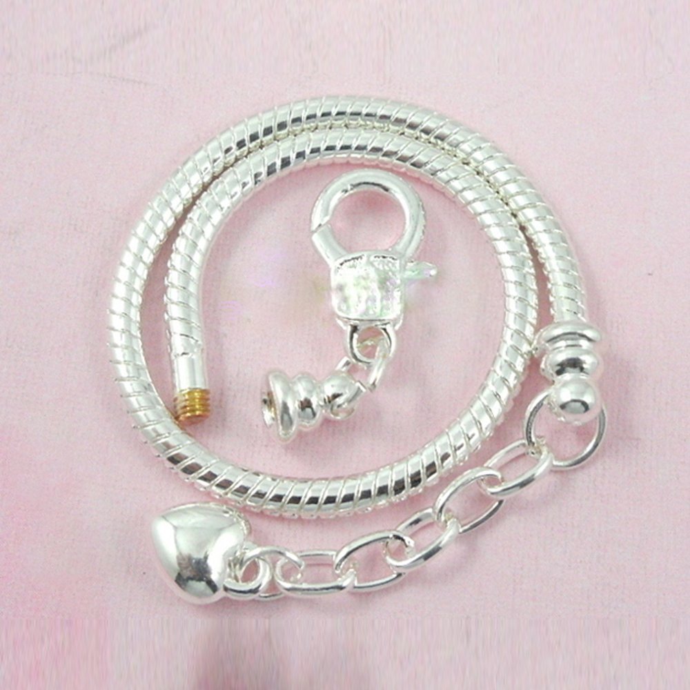 5pcs Women Silver Snake Chain Charm Bracelet Starter with Classic Bead Lobster Clasp Fits All Beads,7.5 inch